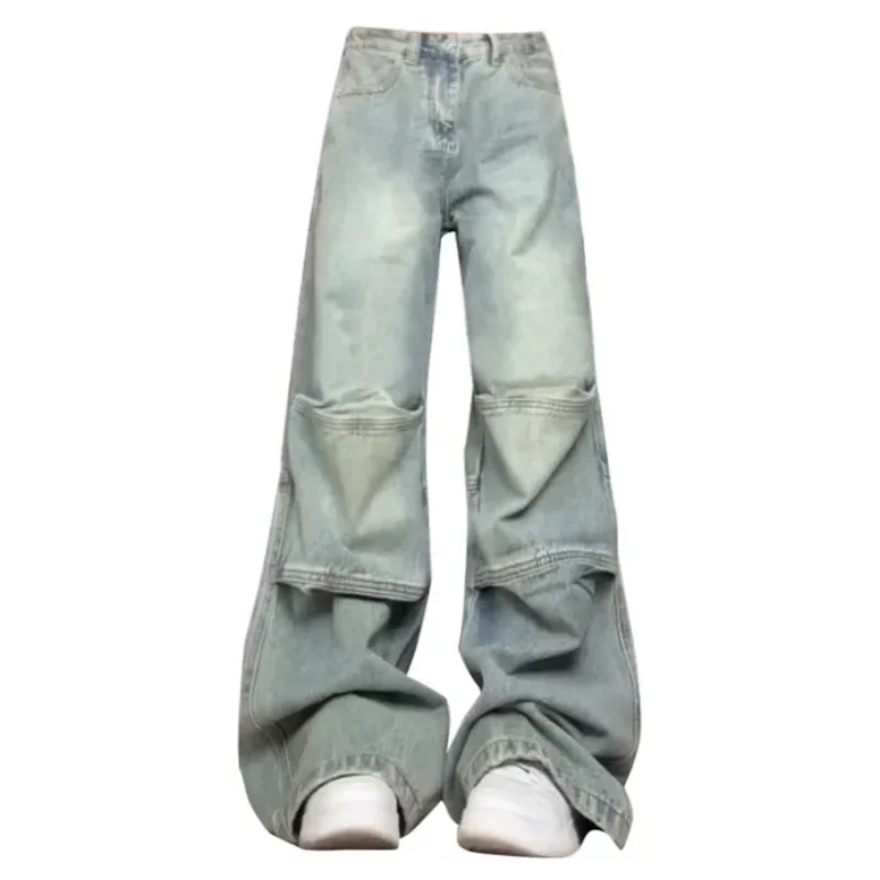 

Blue Womens Jeans Spliced High Waist Straight Denim Pants Europe America and Fashion Y2K 2024 Female Wide Leg Denim Trouser