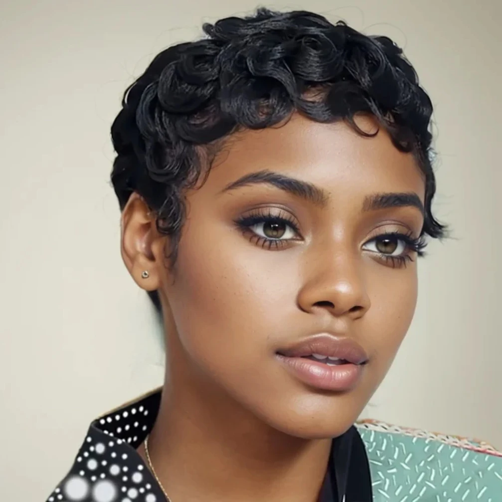 

150% Плотность 6-дюймовый вьющийся парик с стрижкой пикси, короткие парики из натуральных волос для женщин, полный парик машинного производства