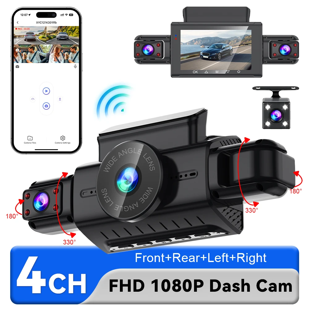 Caméra de tableau de bord WIFI 4CH avant FHD 1080P pour voiture 360 DVR caméra 480P gauche droite arrière 24H Mode de stationnement IR Vision nocturne APP boîte noire
