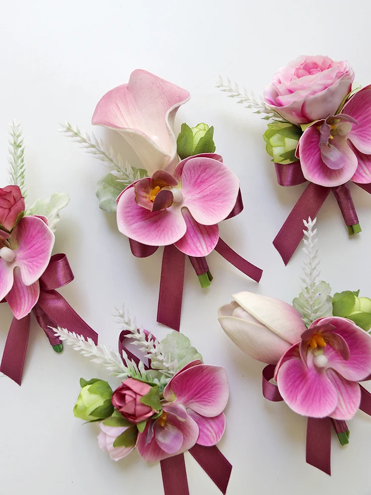 Boutonnière de mariage pour homme, bracelet de poignet, corsage de demoiselle d'honneur, injtrash rouge, orchidée papillon, mariage, Rhde mariage