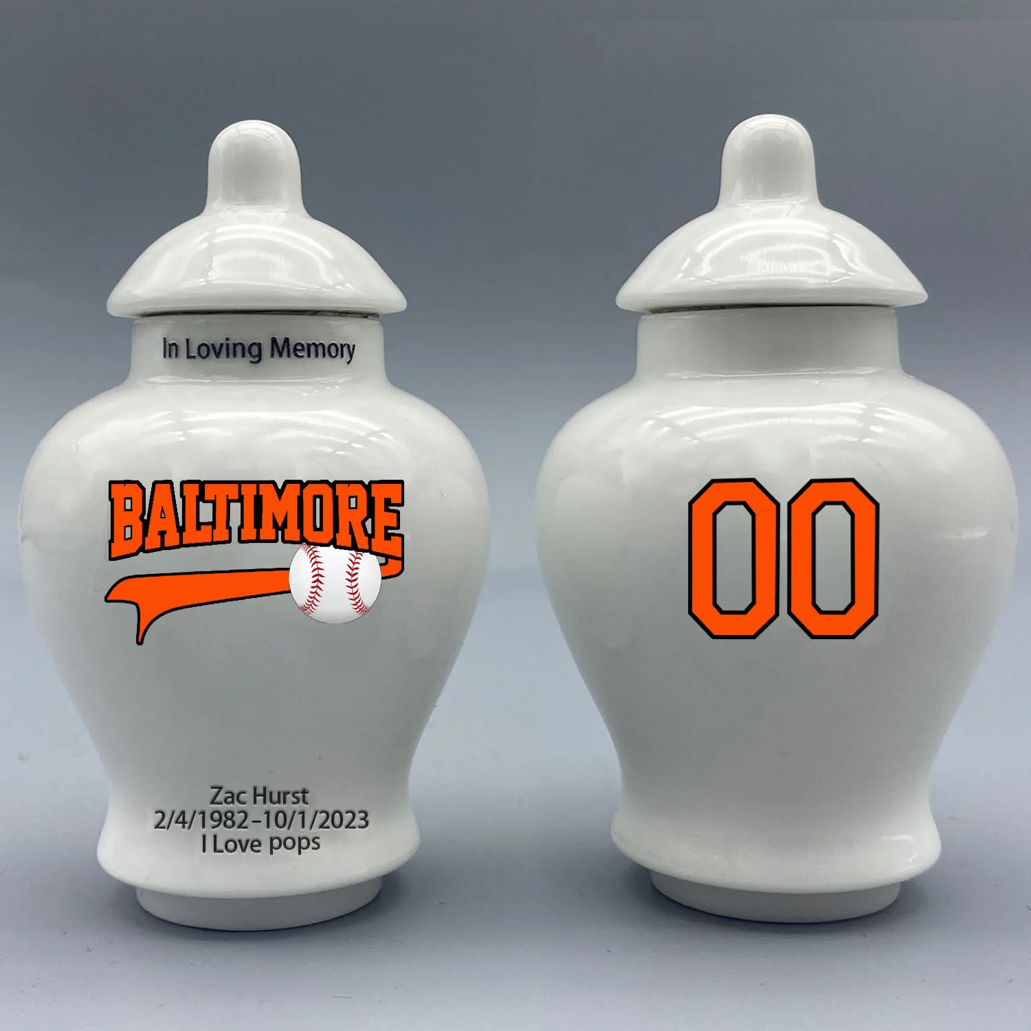 Mini Urn for Baltimore Orioles-Baseball themed.Please send me the customization information - name/date and number on the urn