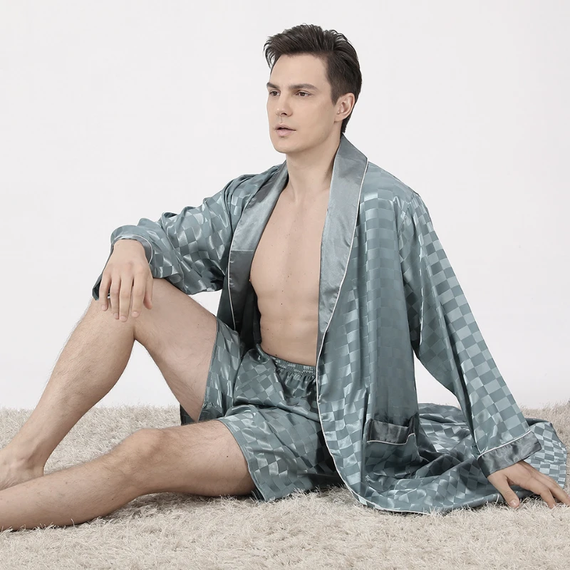 Euro/US Size 70KG- 140KG Home Faux Silk Pajama Set Bathrobe Shorts Sets Long Sleeve Sleepwear for Men Kimono Soft Cozy Bath Gown