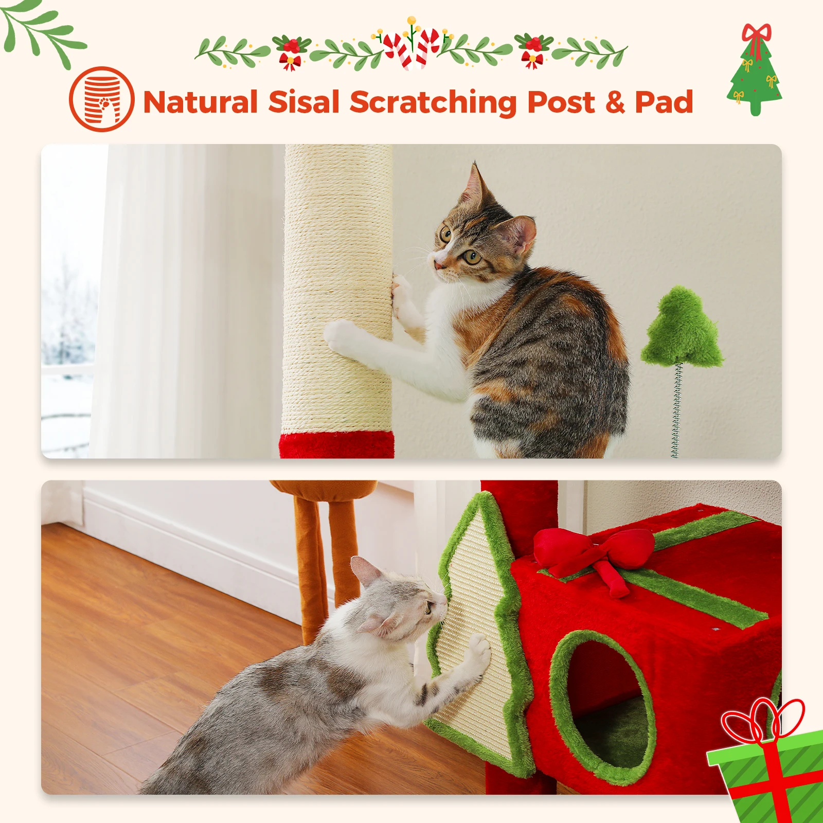 Weihnachts-Katzenbaumturm mit rot-grünem Eigentumswohnung, mehrstufiger Katzenturm mit Sisal-Kratzbäumen, Katzenmöbel für Hauskatzen – Detail 31