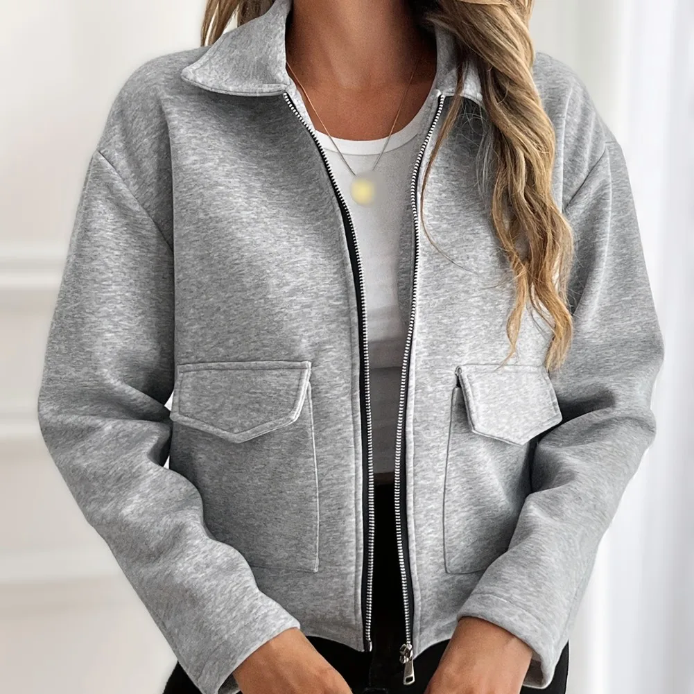 Solid Color Womens Short Coat Polyester Fabric Lapel Collar Zip Fastening Double Pockets Drop Shoulder Autumn Style
