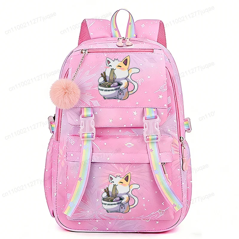 School Backpack Funny Ramen Cat Anime Rucksack for Girls Casual School Bag Travel Backpack Kitten Graphics Children Schoolbag