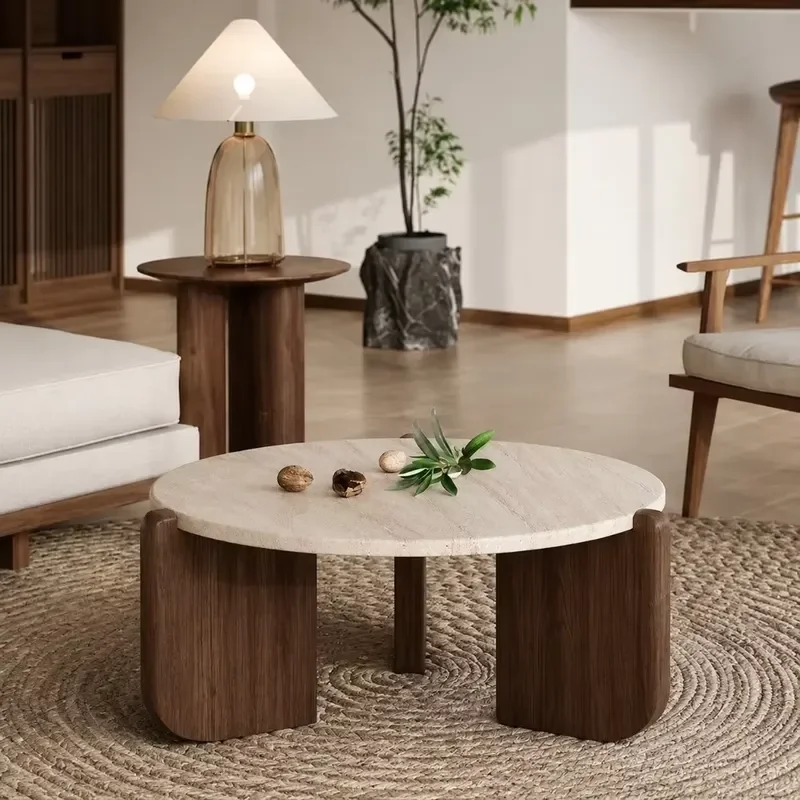 Round Wabi Sabi Coffee Table Stone Solid Wood Minimalist Living Room Balcony Small Apartment Home Furniture Decor