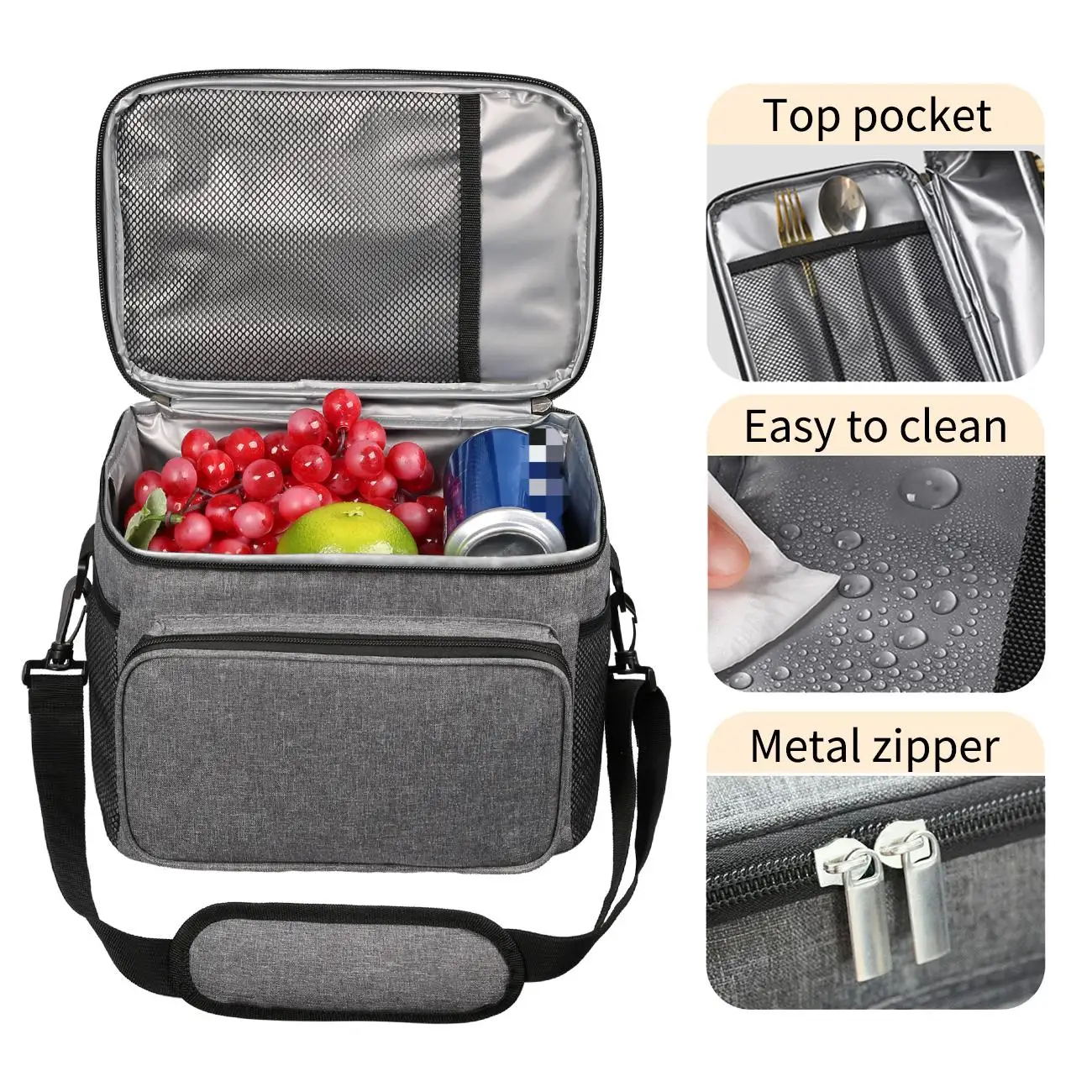Isolierte Lunchtasche, große Lunchtaschen für Damen und Herren, wiederverwendbare Lunchtasche mit verstellbarem Schultergurt – Detail 2