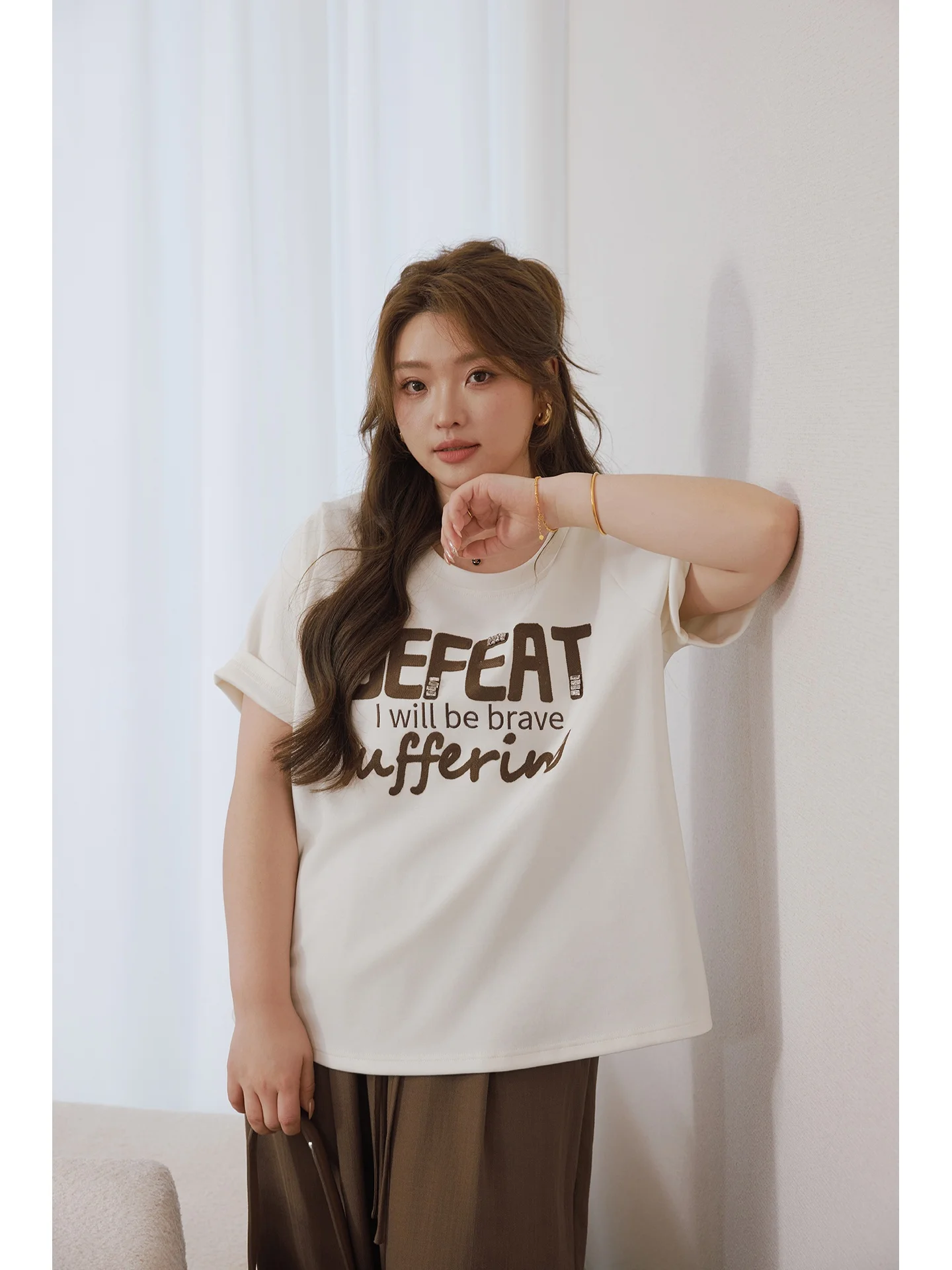 

Miss ng Large Size Women's American Sle ort Sve T-irt Retro Print Cotton Spring New Arrival Loose Fit round Ne