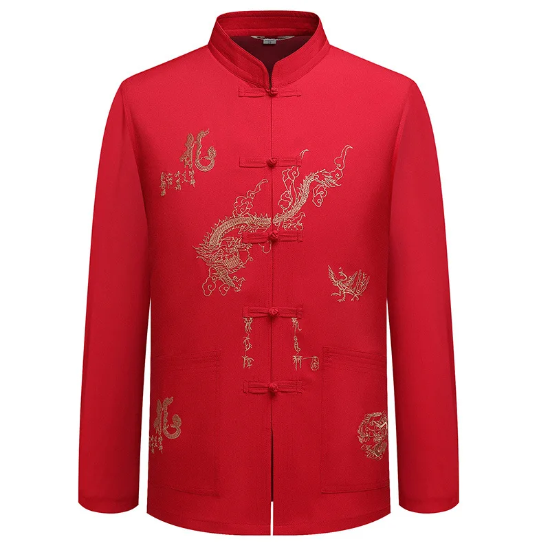 

Long Sve Men's Tang Suit Wedding Banquet Ethnic National Costume Dad andpa Sle Thin Polyester Jaet for All Seasons