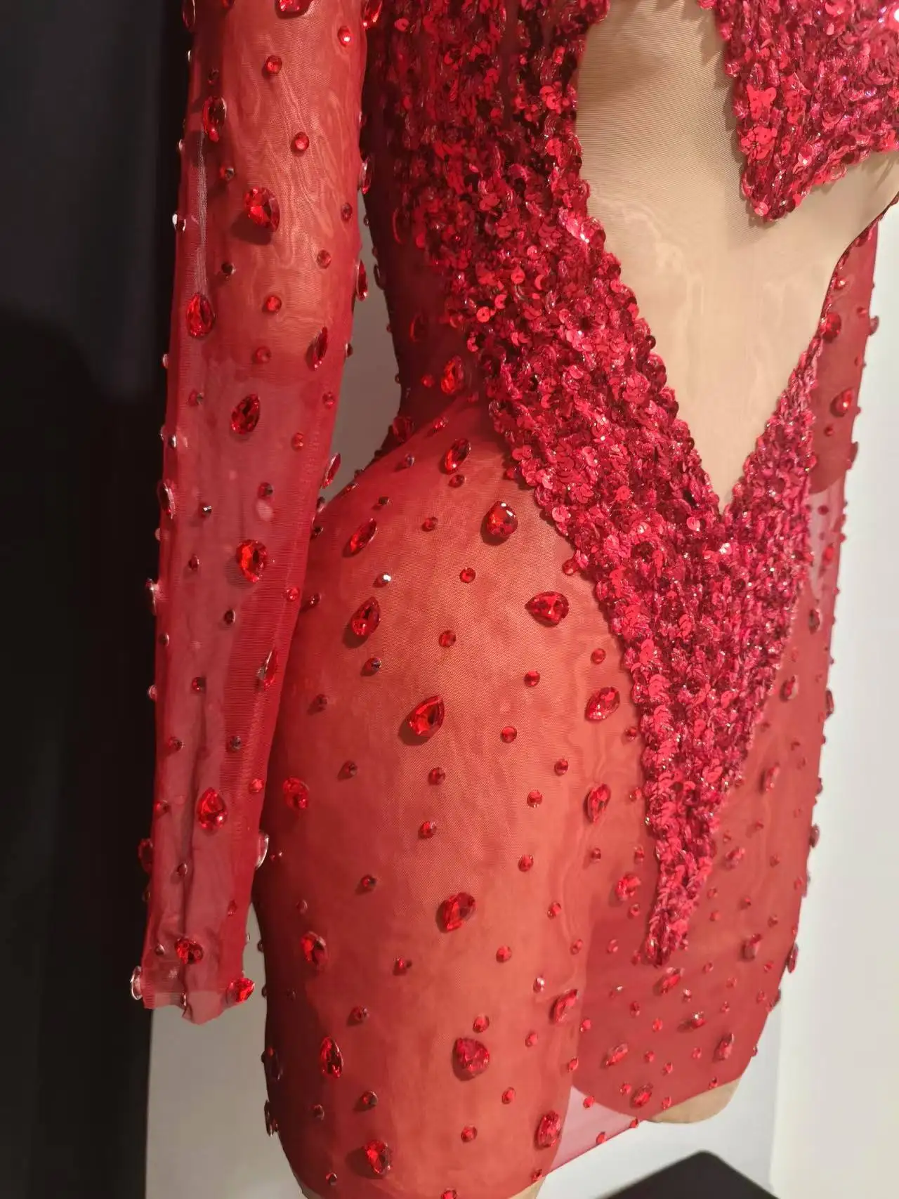 Luxus Rote Pailletten Kristall Mesh Kleid Sexy Geburtstag Prom Outfit Abend Party Bühne Sängerin Kostüm Nachtclub Drag Queens Show