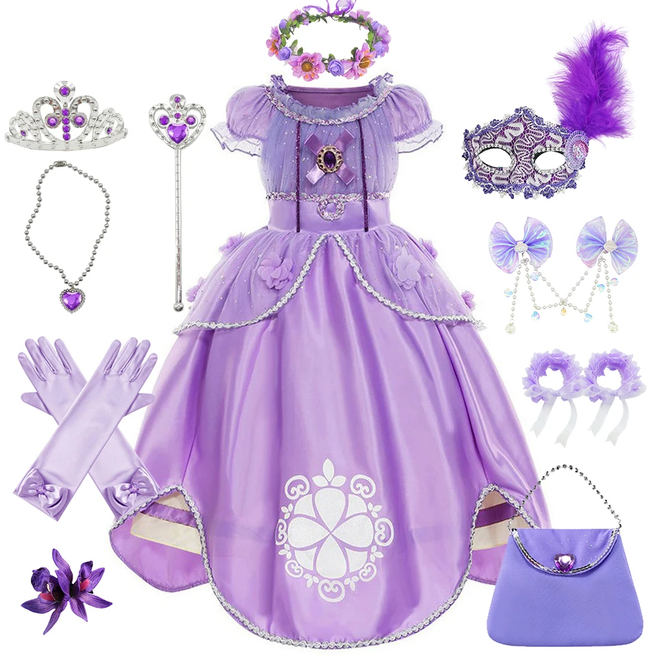 Girls Sofia Dress Kids Princess Cosplay Costume Purple Floral Fancy Vestido Children Christmas Halloween Birthday Party Outfits