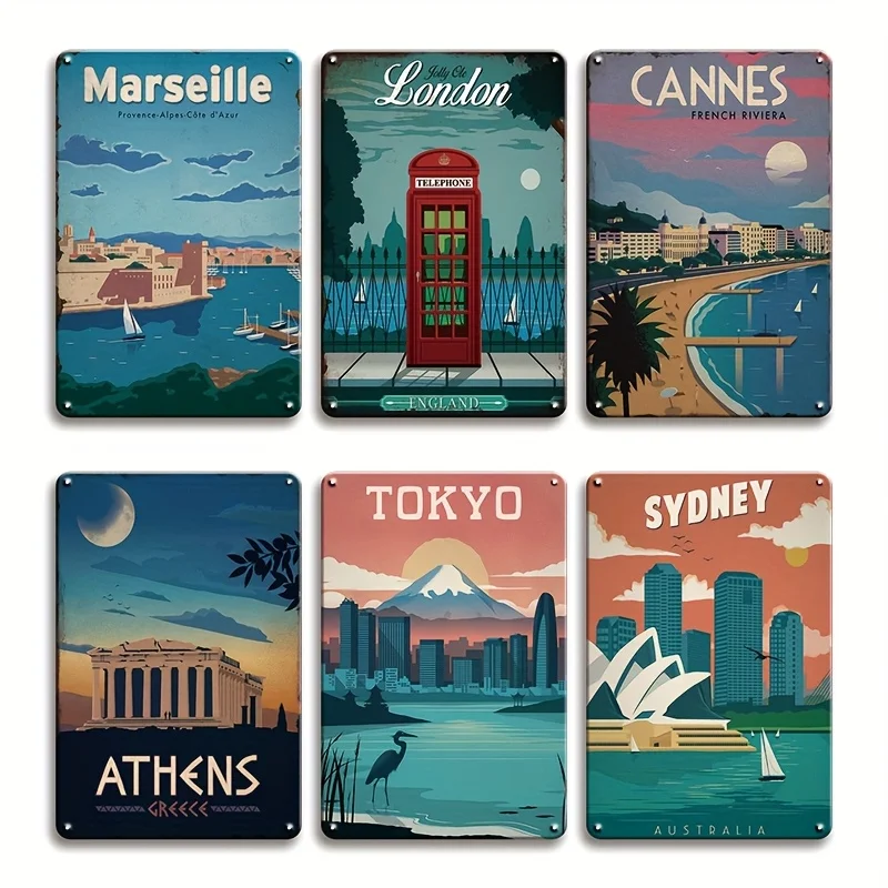 

Винтажный набор для путешествий, 6 шт., железные декоративные таблички размером 20,32x30,48 см с культовыми городскими пейзажами, идеально подходят для дома, бара, кафе