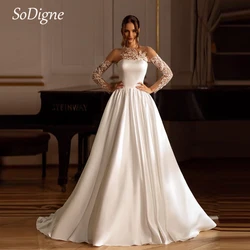 SoDigne A-line Satin Appliques Wedding Dresses Full Sleeves High Neck Bridal Dress 2024 Bride Gown vestidos de novia Customized