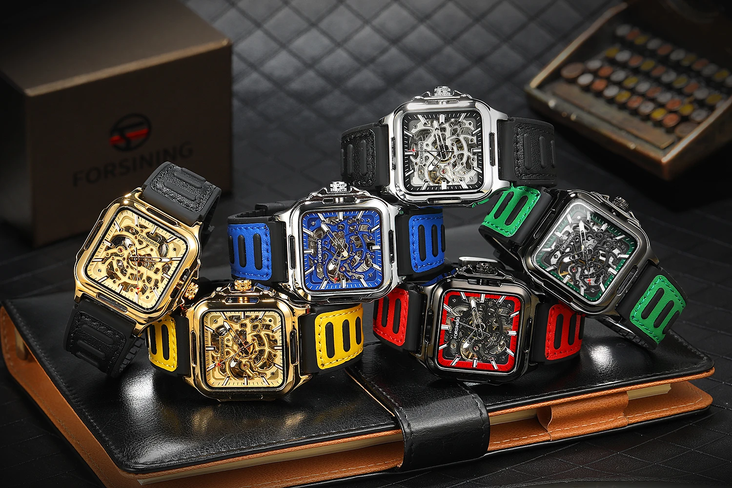 ساعة يد FORSINING للرجال كلاسيكية أنيقة ذات هيكل عظمي مربع ميكانيكية أوتوماتيكية مقاومة للماء بسوار من السيليكون رياضية طبق الأصل #6