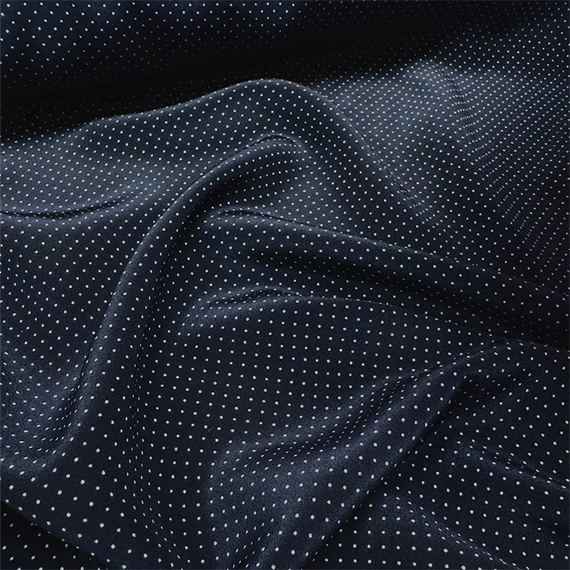 

1 meter 100% Mulberry Silk 16 momme Crepe Silk Fabric Navy with White Point Printed 140cm 55" wide by the yard JX231