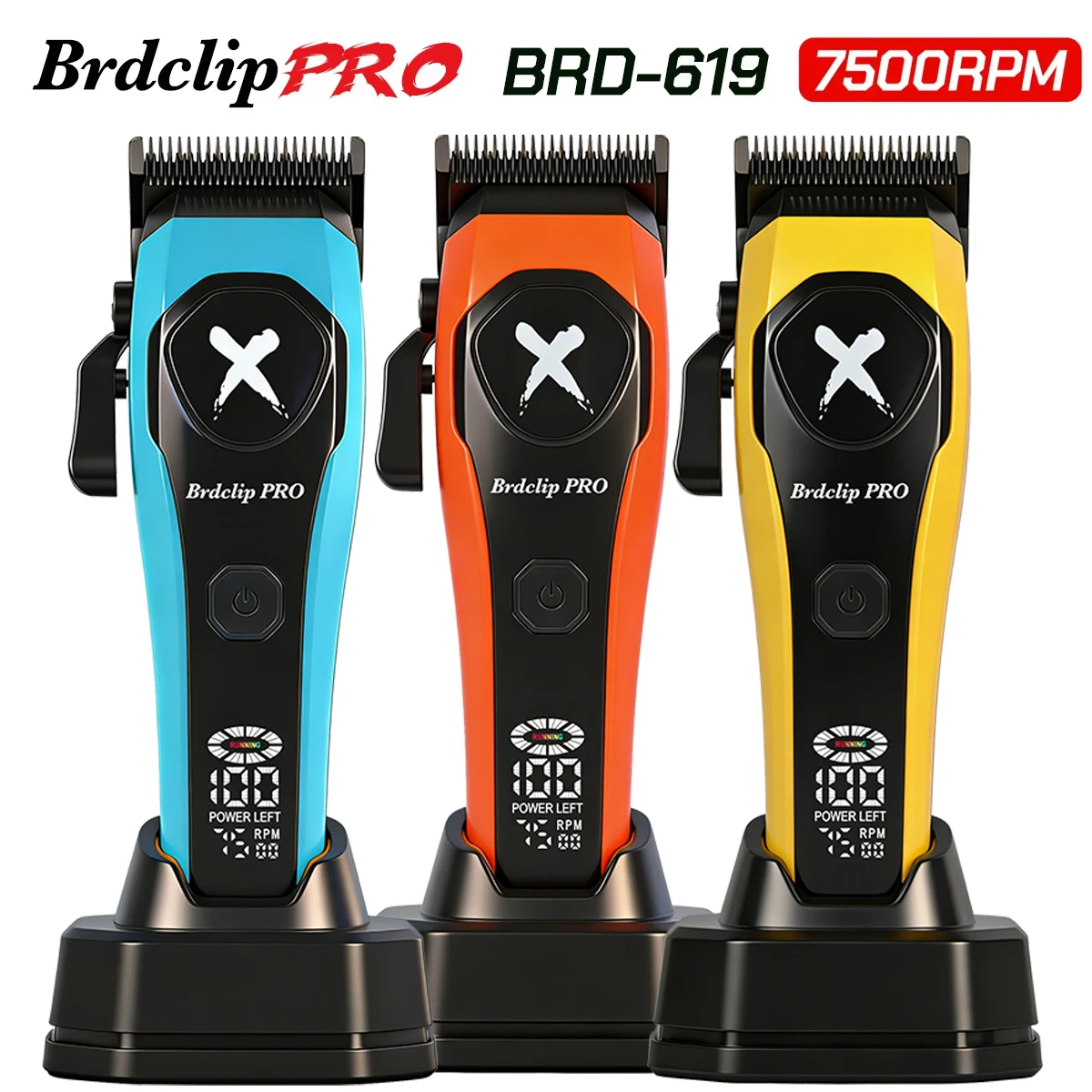 Professional BRDCLIP 619 Hair Clipper 7500RPM Precision Steel Sharp-angled Blades LCD Display Charging Base Hair Cutting Machine