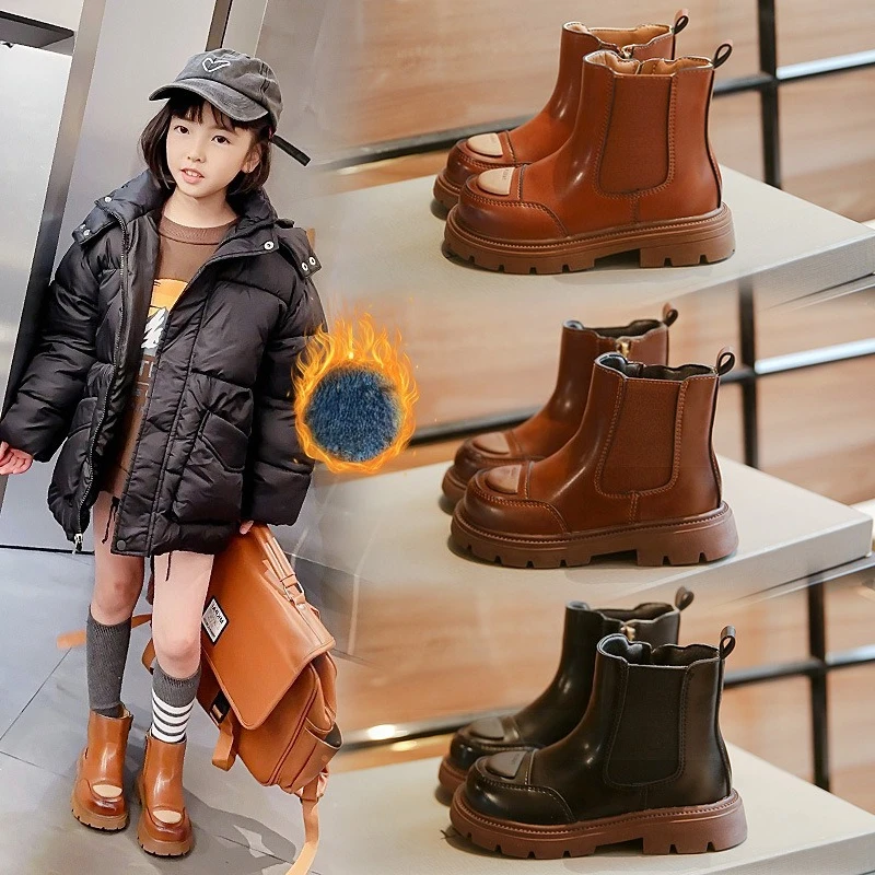 

Зимние детские ботинки, сохраняющие тепло, ботинки «Челси», модная повседневная обувь из мягкой кожи для мальчиков, водонепроницаемые детские кроссовки на платформе для девочек