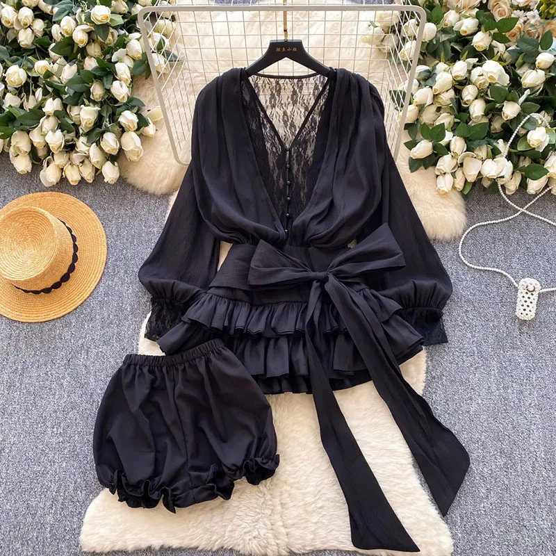 Fairycore Lace Chiffon Dresses With Stretch Shorts Pearl Button Bow Female Ruffles Sheer Seaside Holiday Mini Dress