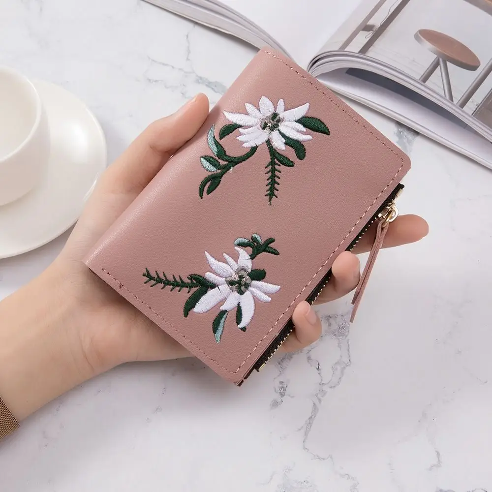 

Bifold Style PU Embroidered Wallet Multiple Card Slots Coin Pocket Small Purse Korean Fashion Multi-Cards Holder Students