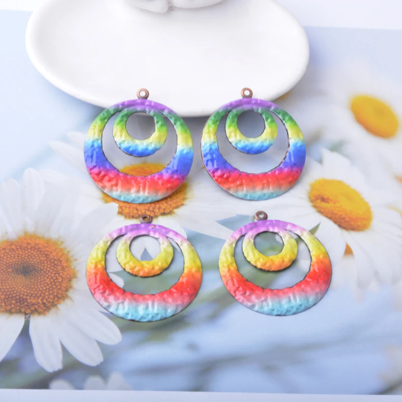 8 Stück/Set Sommer-Stil Eisen Regenbogenfarben Geometrie Herz Runde Anhänger Schmuckzubehör Bemalte Ohranhänger Damen DIY Accessoires – Detail 8