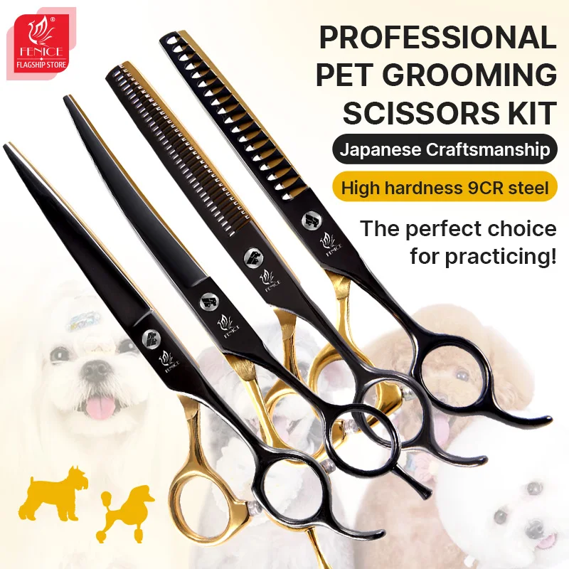 Fenice 6.5/7.0 inch stainless steel black gold pet grooming scissors set household small dog straight curved thinning shears 