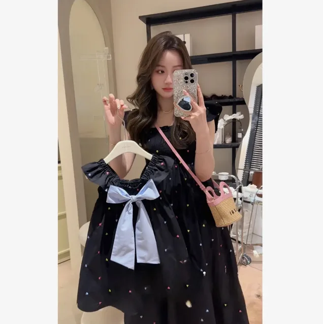 Korean Version of Parent-child Clothing Summer Sweet Love Embroidered Flying Sleeve Dress Bow Cotton Dress Mother and Daughter