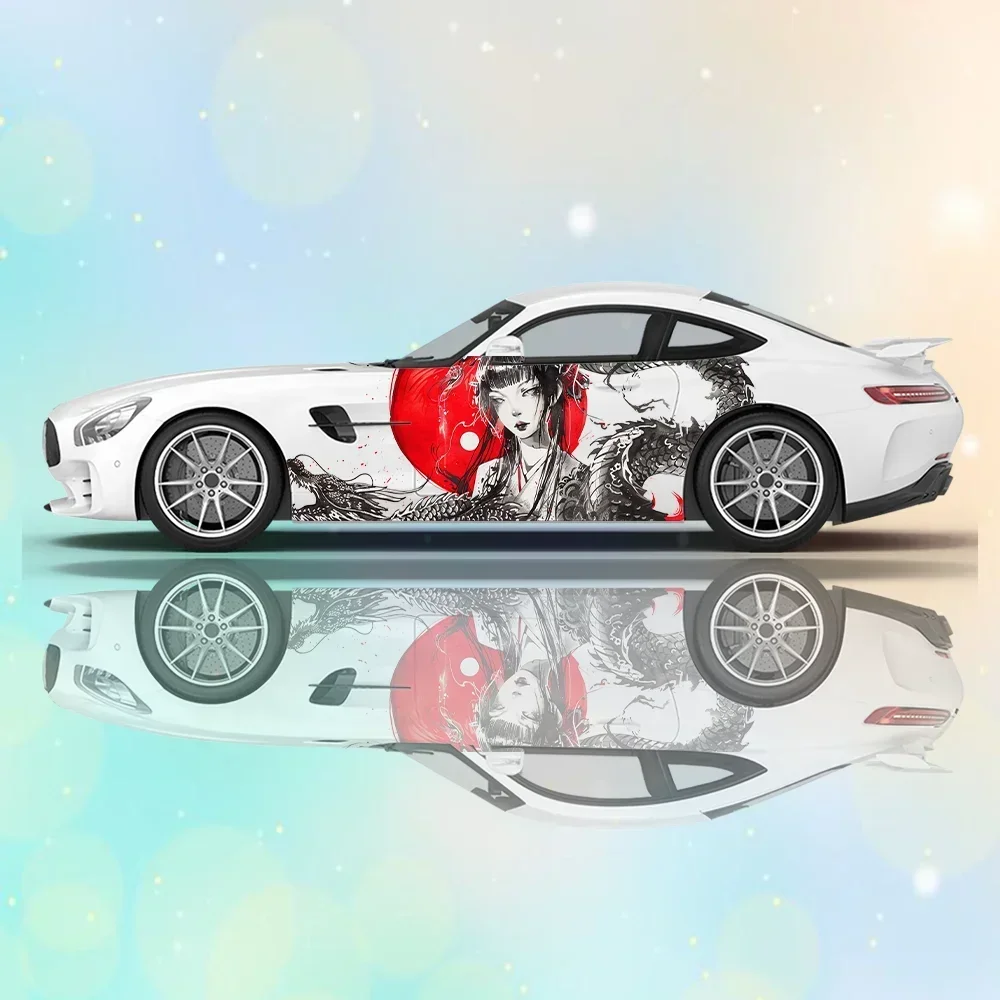 

Очаровательная виниловая наклейка с изображением гейши, дракона, красного солнца, наклейка из ПВХ с защитой от царапин, подходит для грузовиков, внедорожников, украшения, автоаксессуары