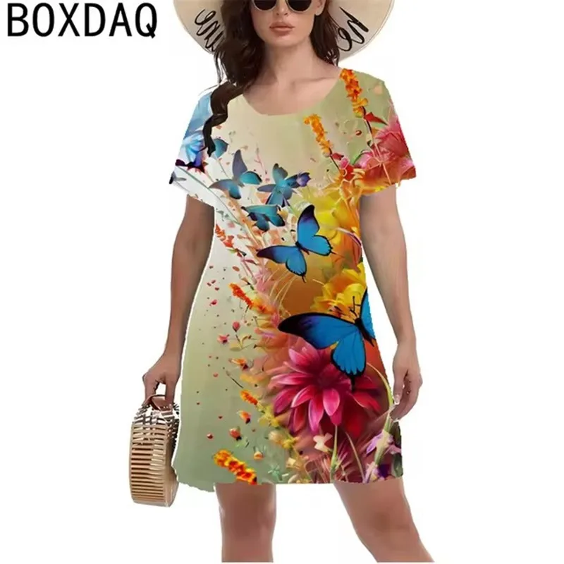 Kolorowa sukienka z nadrukiem motyla 3D Letnia sukienka z krótkim rękawem O-neck Casual A-Line Dresses Fashion Lady Beach Vacation Dress Vestidos