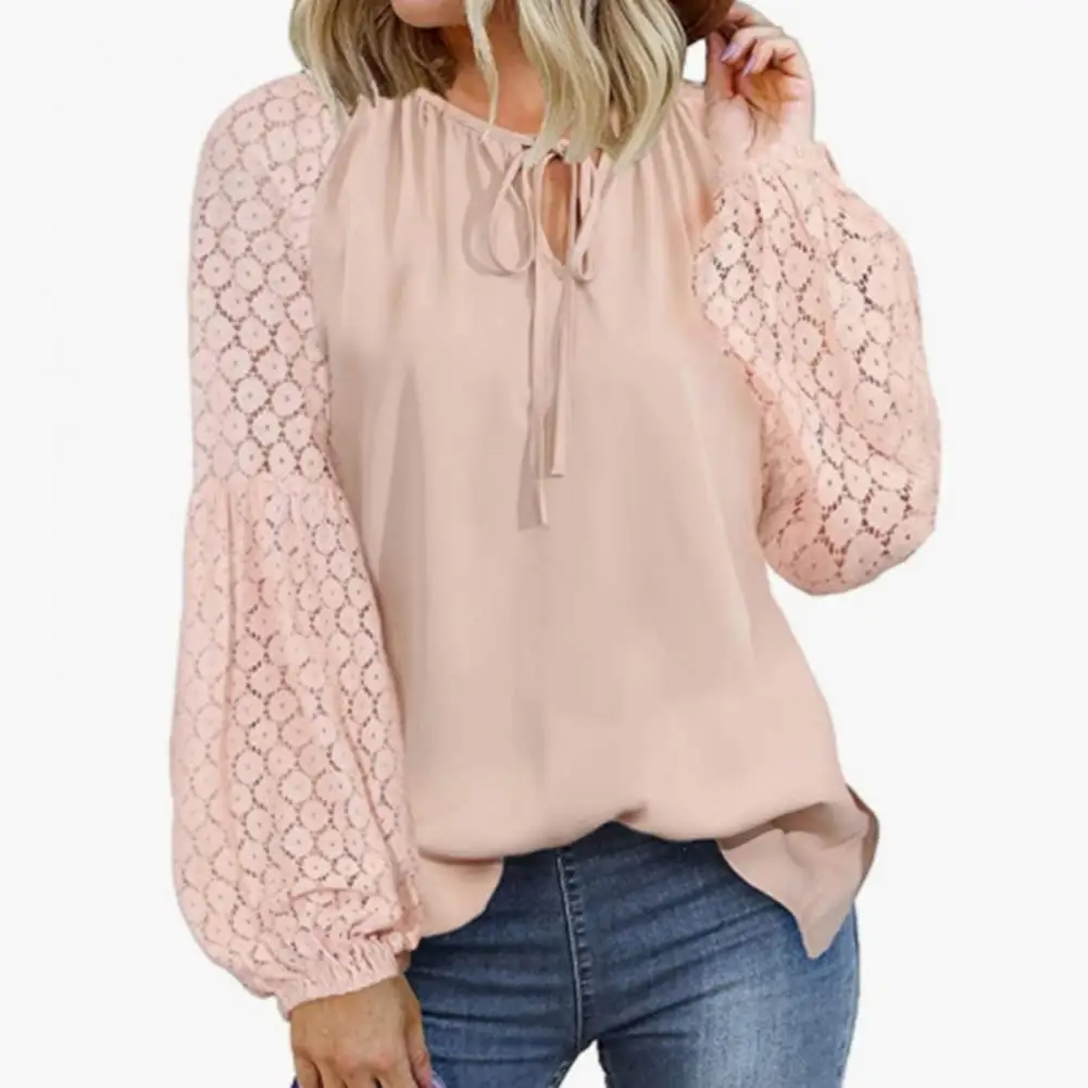 Women Spring Fall Shirt Hollow Out Lace Long Sleeve Solid Color Patchwork Lantern Sleeve Lace Up Strap Round Neck Commute Blouse