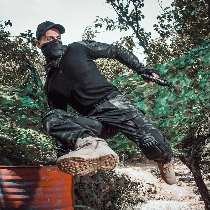 Uniforme para exteriores, trajes tácticos, camisas de entrenamiento de senderismo de camuflaje, ropa de trabajo, pantalones Cargo de caza + almohadillas, conjuntos de ropa de Paintball Airsoft