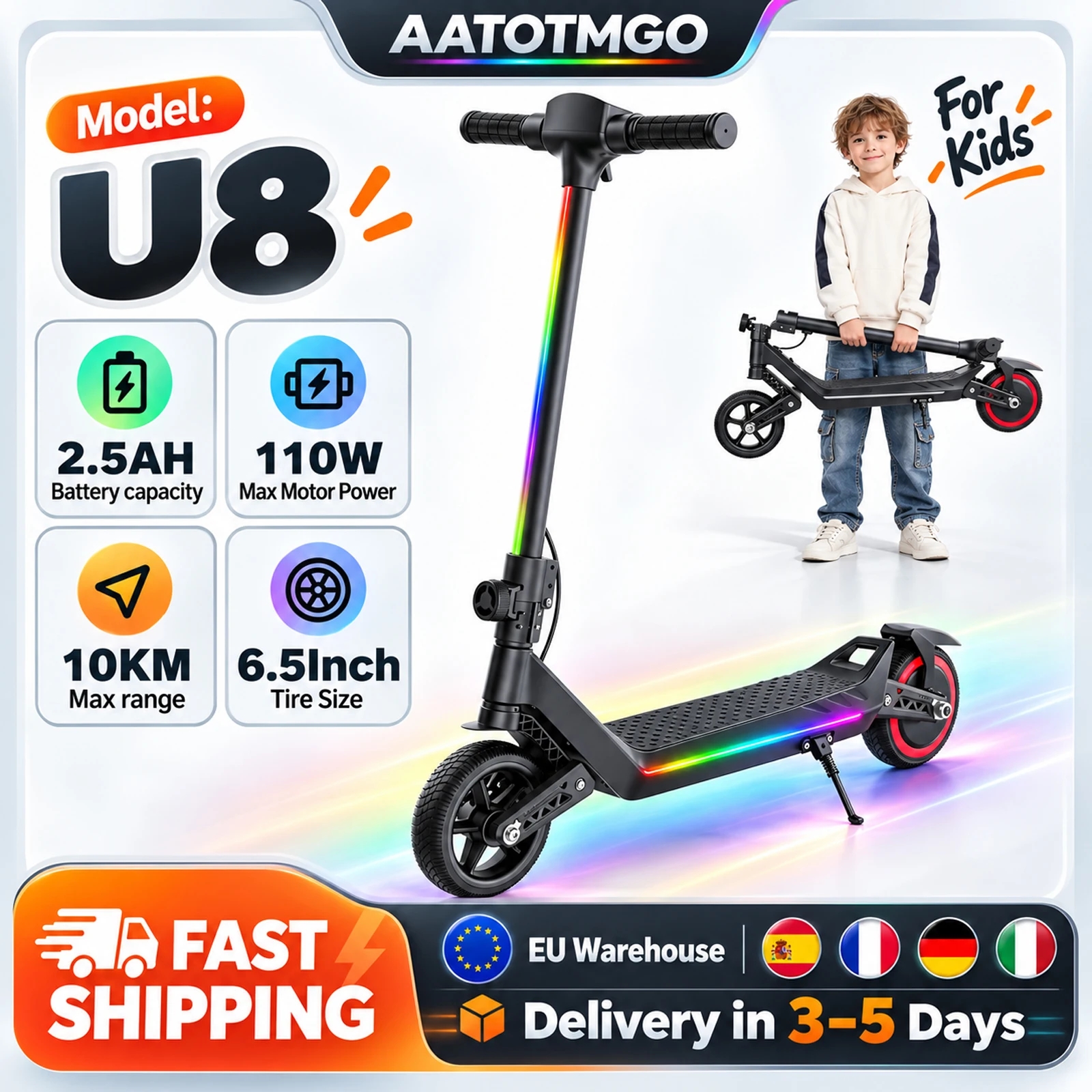 AATOTMGO Patinete Eléctrico Infantil Plegable, Motor 110W, Batería 24V 2,5Ah, 16 km/h, Ruedas de 6,5 Pulgadas, Autonomía 10 km, 3