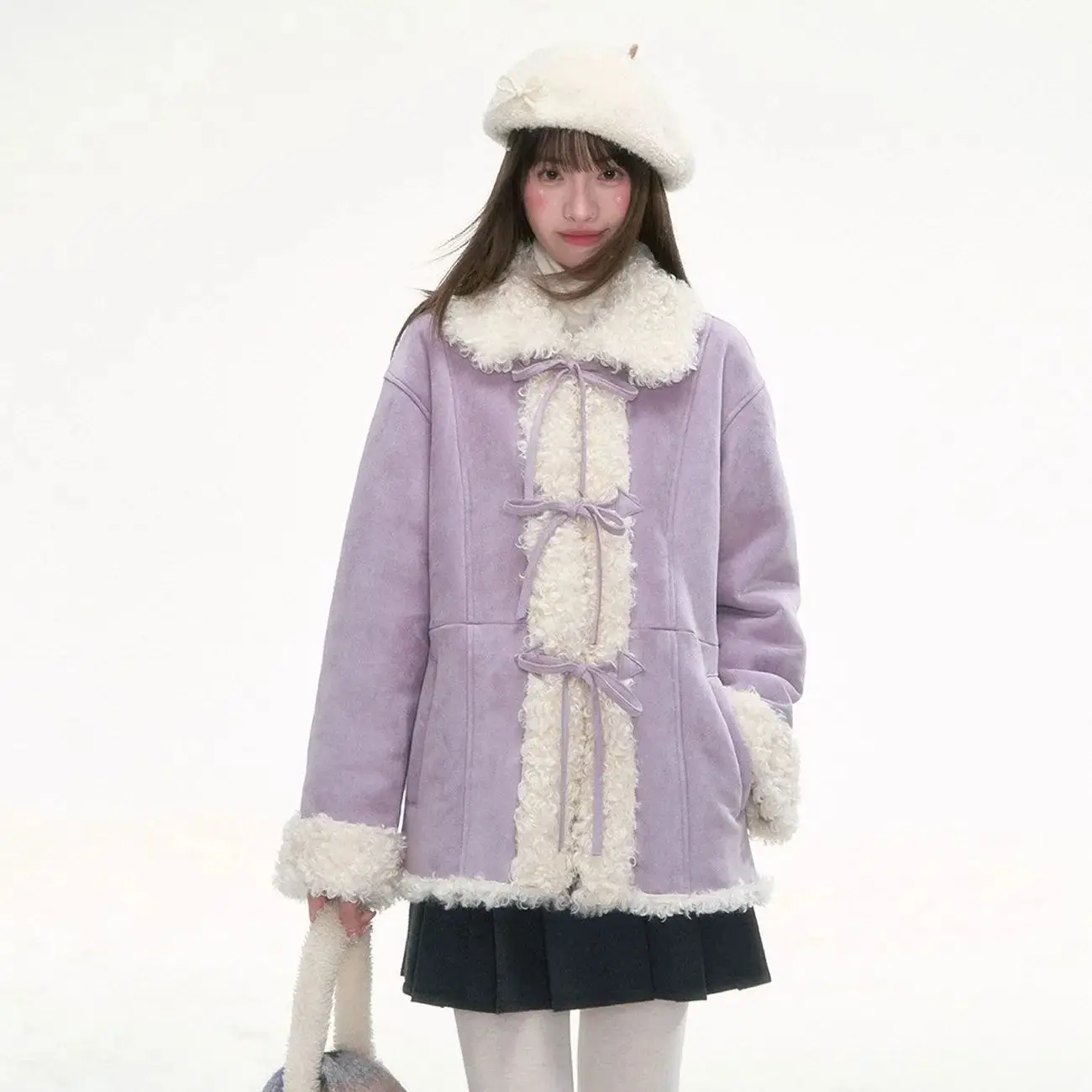 2026 Winter New Purple Fashion Warm Short Coat Fur Integrated Coat