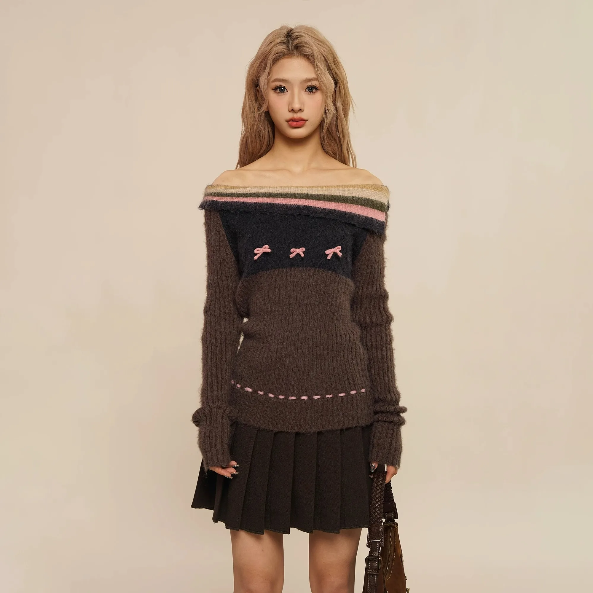 Autumn Winter Preppy Style Sweet Bow Sweater Women Slim Striped Knitted Pullover Loose Korean Fashion Brown High Street Jumper