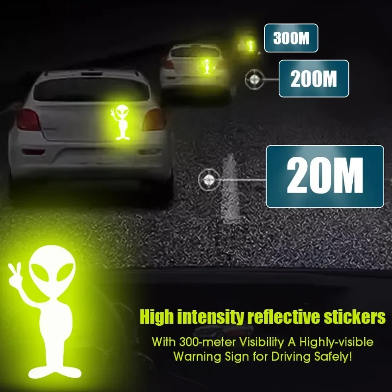 Creative Alien Reflective Car Stickers Universal Tape Safety Warning Mark Decals Auto Driving Safety Reflective Decorations