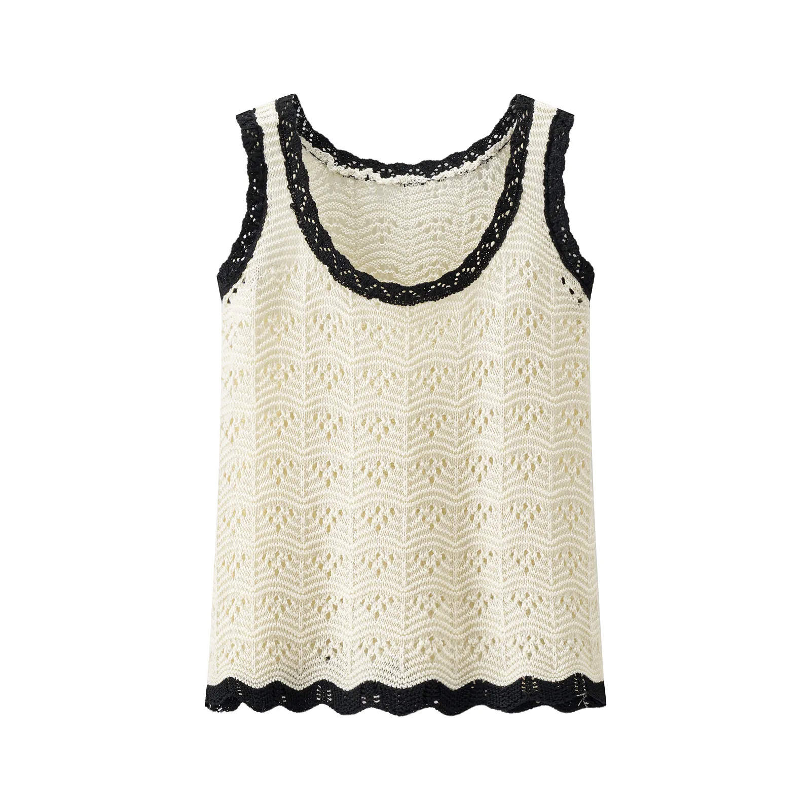 Women's Summer Fashion Solid Color Round Neck Sleeveless Knit Top Elegant Hollow Elastic Waist Casual Mini Shorts Set