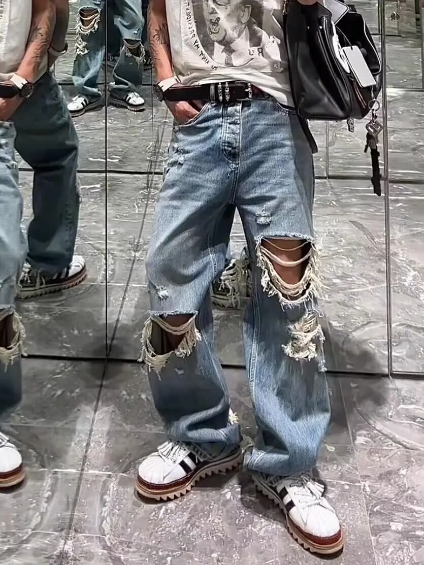 

Широкие джинсы с высокой талией в американском стиле ретро, свободные прямые брюки-трубы для мужчин и женщин, повседневные длинные брюки, износостойкие летние джинсы