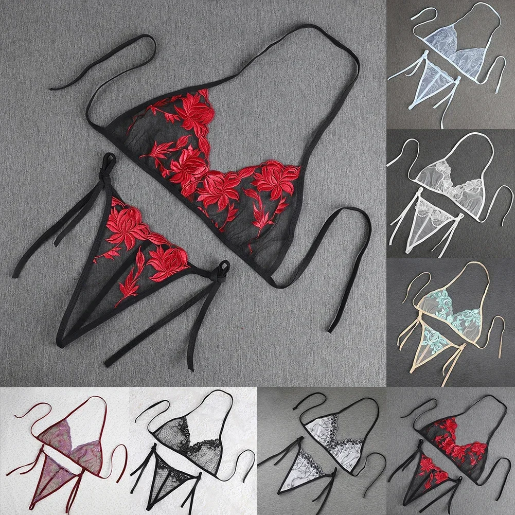 جنسي الملابس الداخلية النساء السيدات بيكيني المطرزة زهرة 3 نقطة شاش شفاف الدانتيل يصل الصدرية + ثونغ كلوبوير