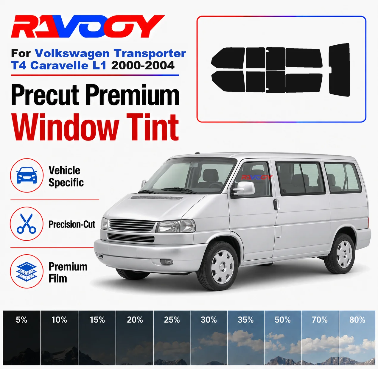 Premium Precut Window Tint Kit For Volkswagen Transporter T4 Caravelle L1 2000-2004 Complete Set Car Solar Nano Ceramic Film