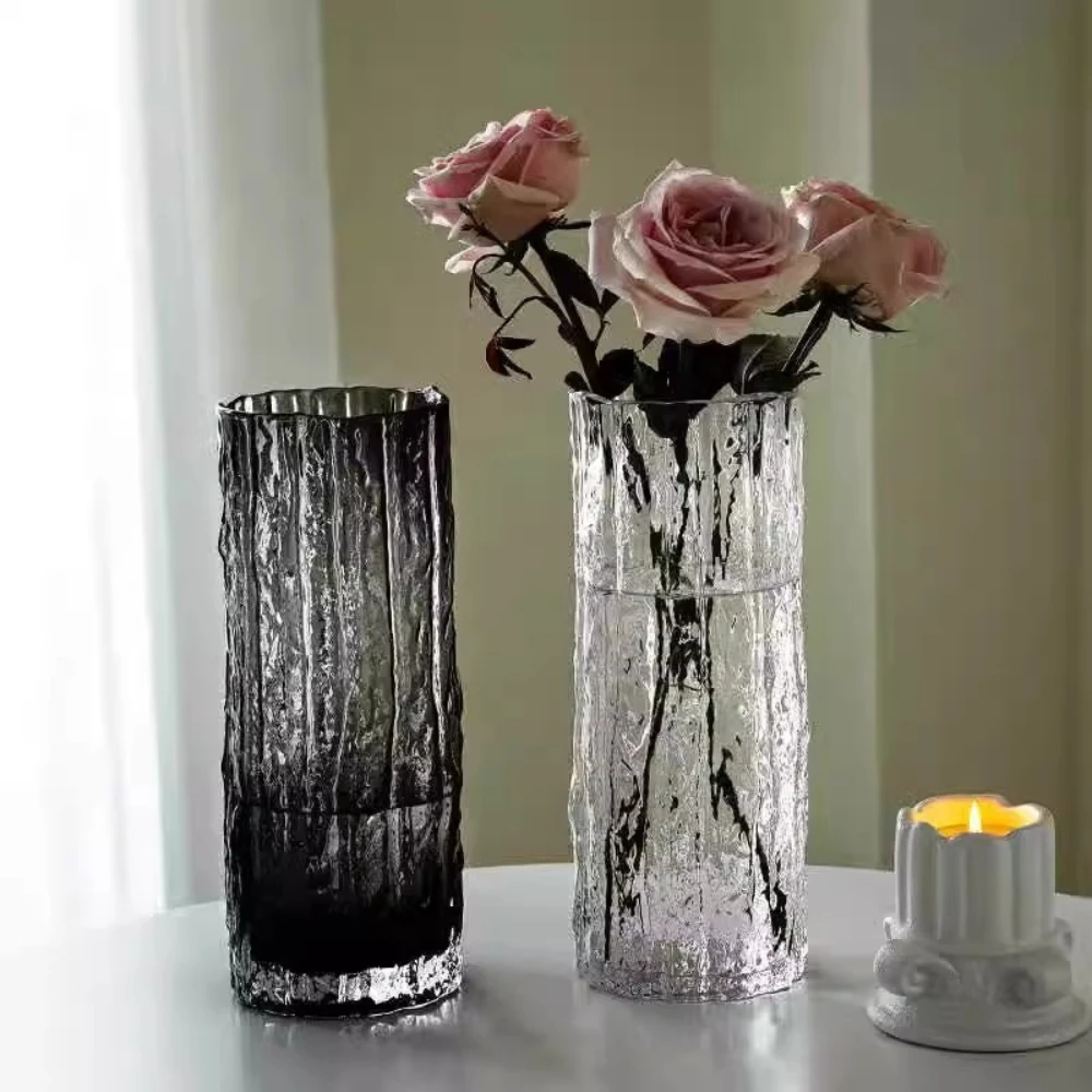 European Glacier Vase Glass Transparent Flower Arrangement High Grade Flower Living Room Dining Table Ornament Dried Flower Vase