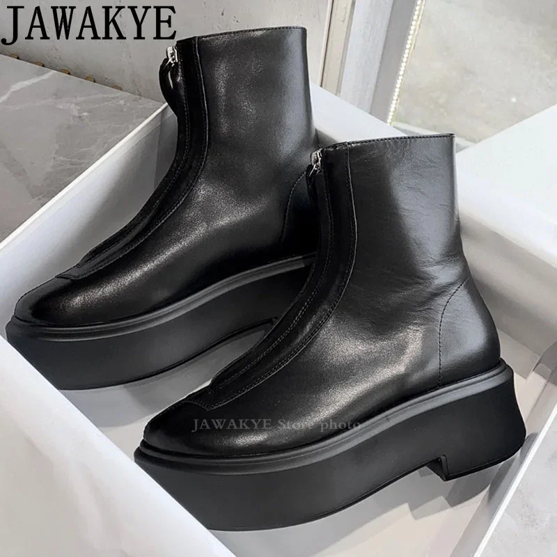 Round Toe Chunky Sole Motocrycle Boots Real Leather Ankle Boots Front Zip Design Chelsea Boots Women Winter Fashion Botas mujer