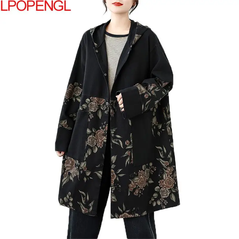 Ethnischer Stil, Retro-Blumen-Patchwork, große Tasche, Denim-Trenchcoat für Damen, lockere und schlankmachende Strickjacke mit Kapuze
