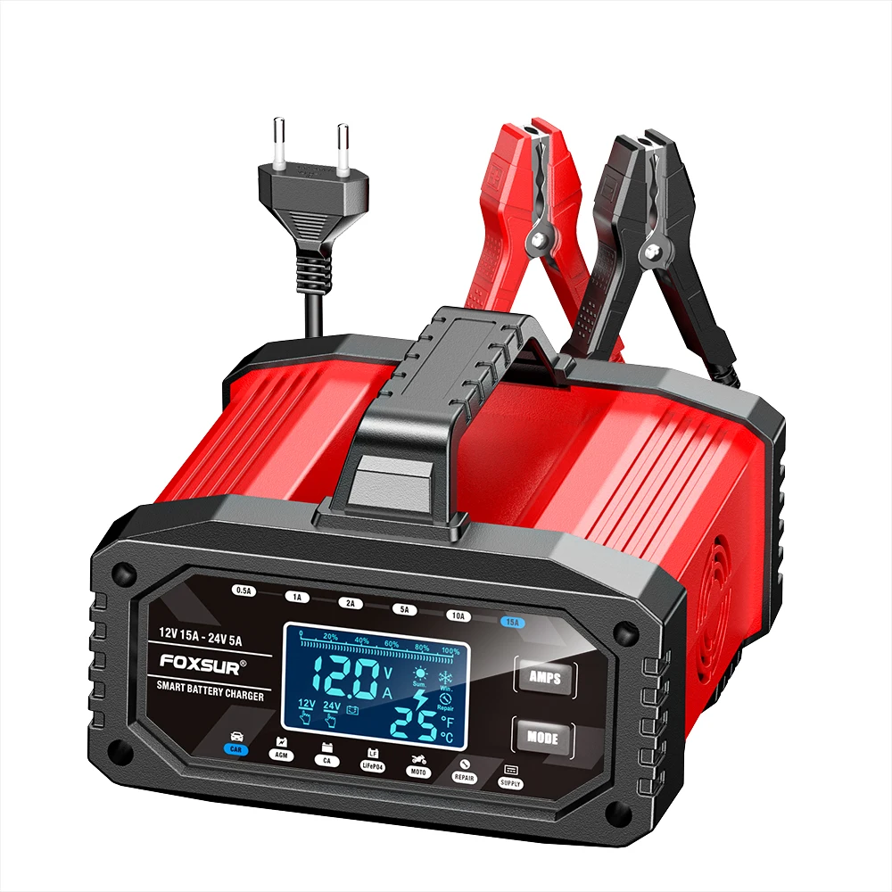 Inteligentna ładowarka do akumulatorów samochodowych 12V 15A 24V 5A, automatyczny podtrzymywacz napięcia akumulatora motocyklowego, kompatybilna z akumulatorami kwasowo-ołowiowymi, żelowymi, AGM oraz