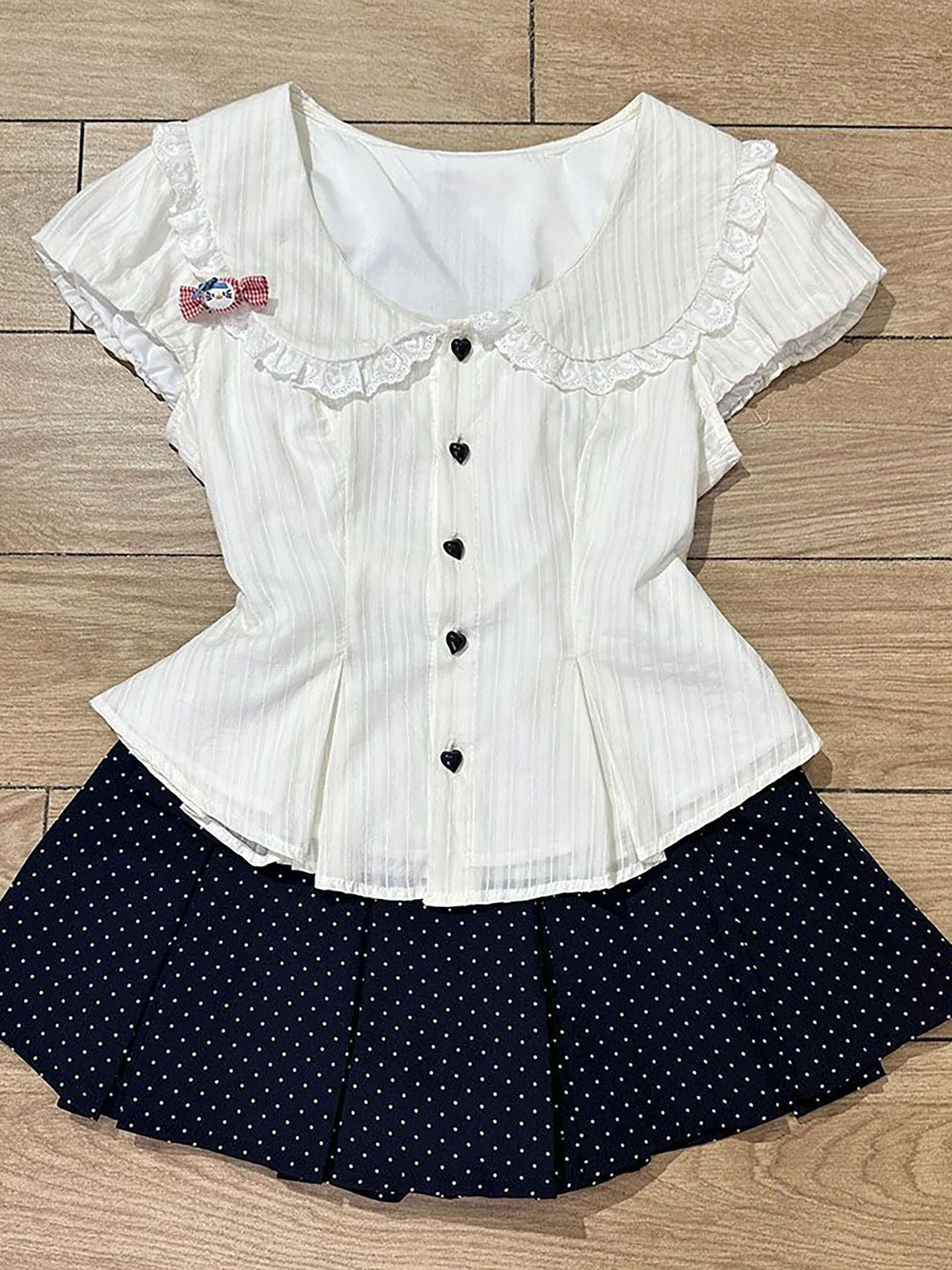 

Summer Sweet Girl Pure Desire Style Doll Collar Shirt with Ultra Fairy Dot Pleated Skirt Two Piece Set Fashionable Casua...