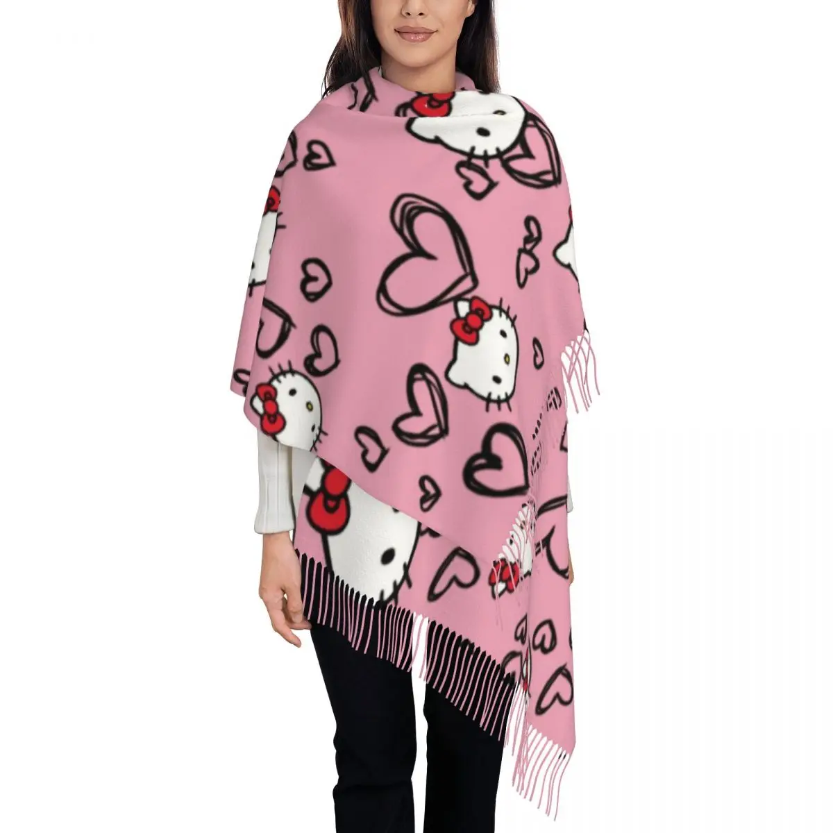 

Custom Hello Kitty Cartoon Scarf Wrap Women Long Winter Fall Warm Tassel Shawl Unisex Scarves