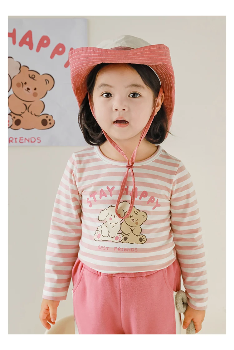 

Girls Striped Bear Long Sleeved T-shirt Spring Cute Print Loose Casual Top