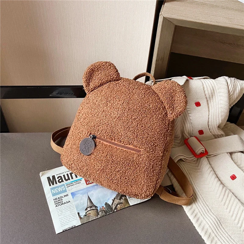 Girls Boy Lambswool Schoolbag Kids Cute Bear Ear Shoulder Bag Children Fashion Casual Fleece Backpack Travel Shopping Rucksack