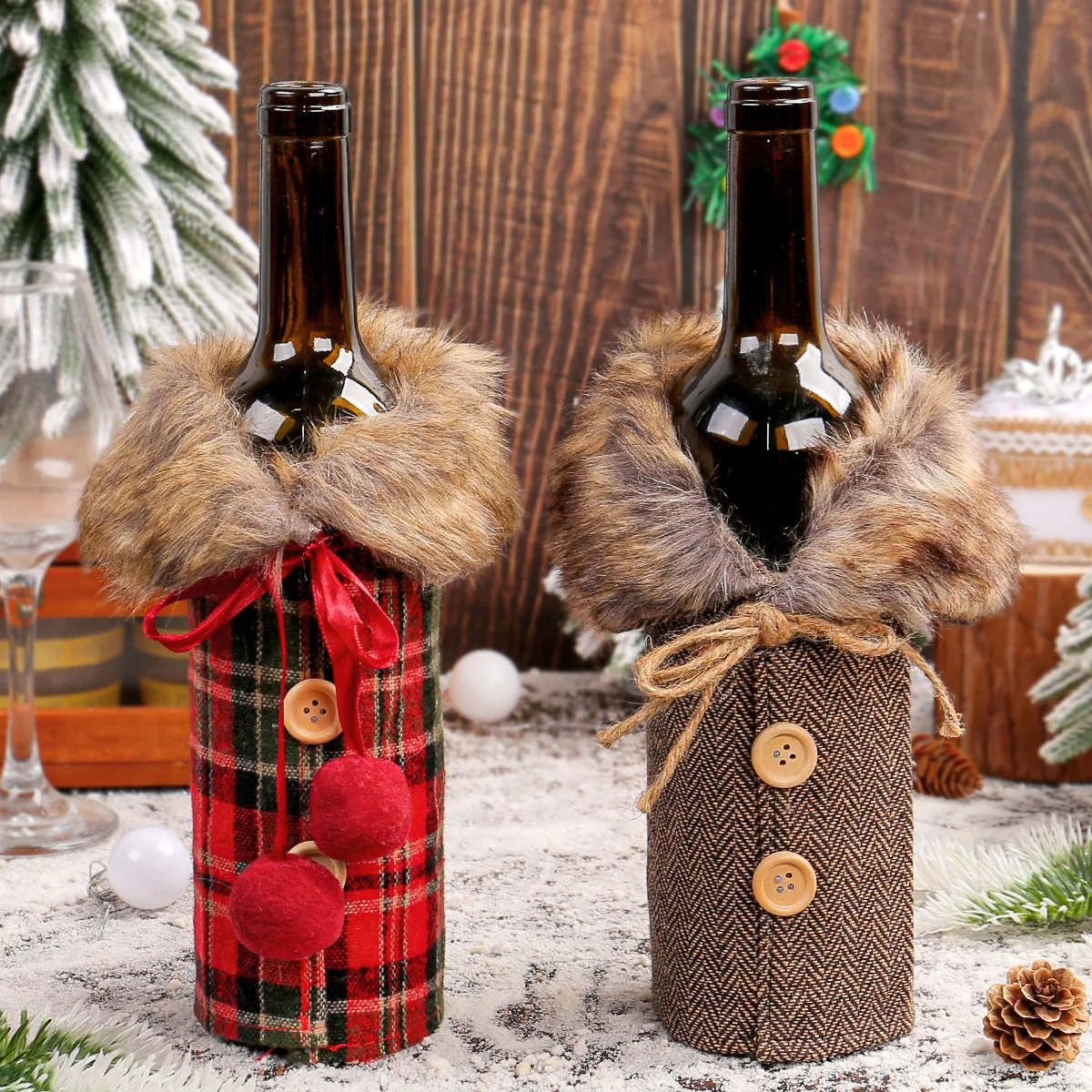 Christmas Table Wine Bottle Cover Bag Plaid Skirt Wine Bottle Dress 2027 Home Decoration For Christmas Party XMAS Ornaments
