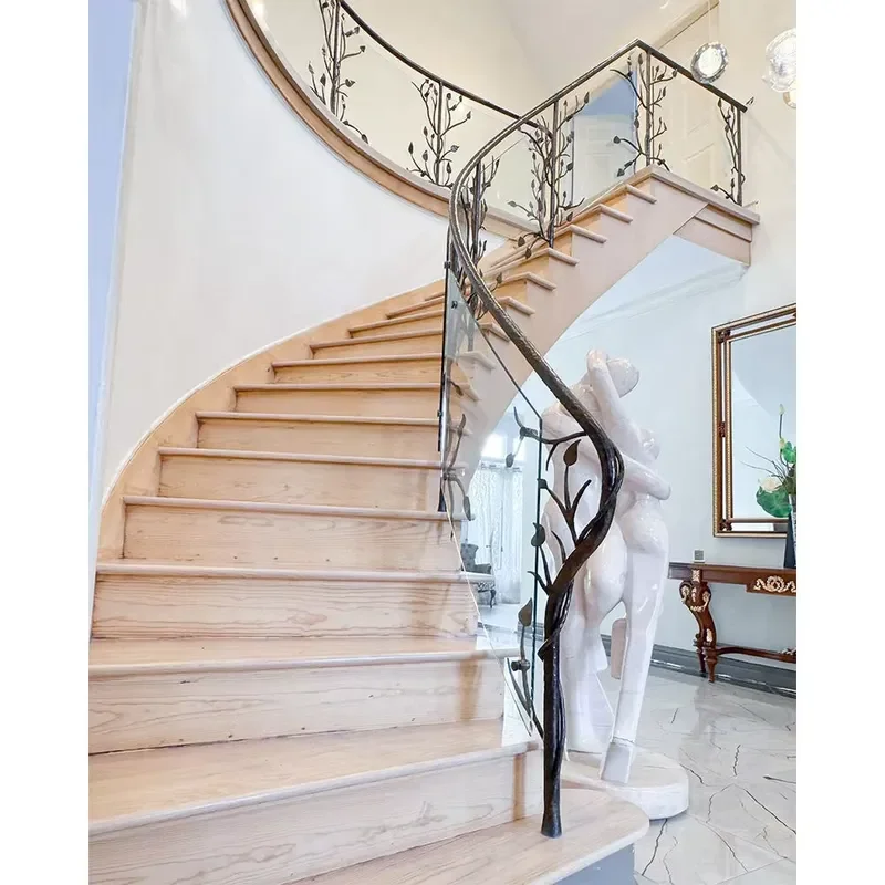 Unique Design Wrought Iron Stair Railings with Curved Tempered Glass Interior Staircase Railings for Houses