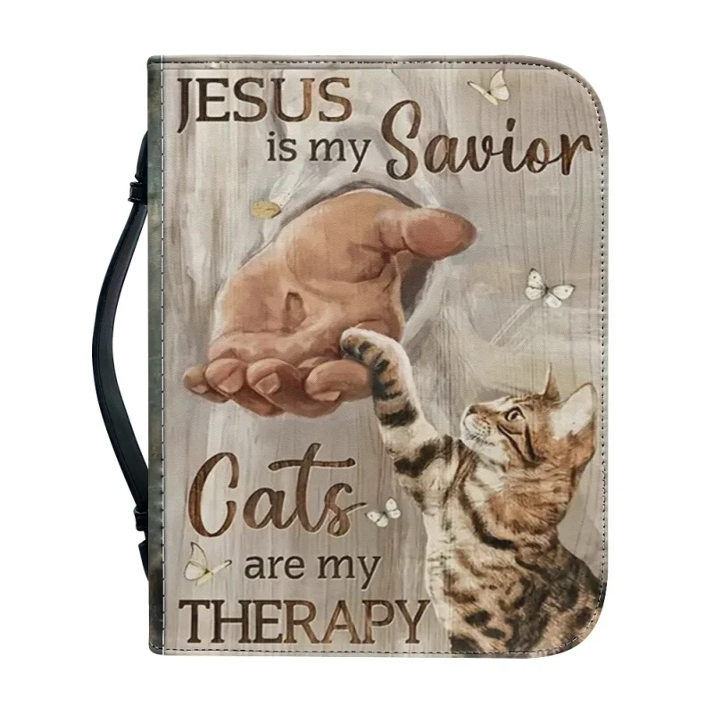 Jesus Is My Savior Cats Are My Therapy For Women Men Christmas Gift Print Leather Bible Bag Women Cross Design Women's Handbags