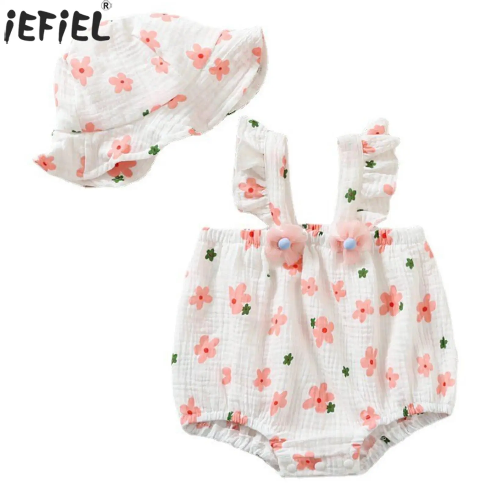 

Baby Girls Summer Clothes Outfits Fly Sleeves Printed Flower Romper with Hat Set Children Clothing Holiday Vacation Casual Wear